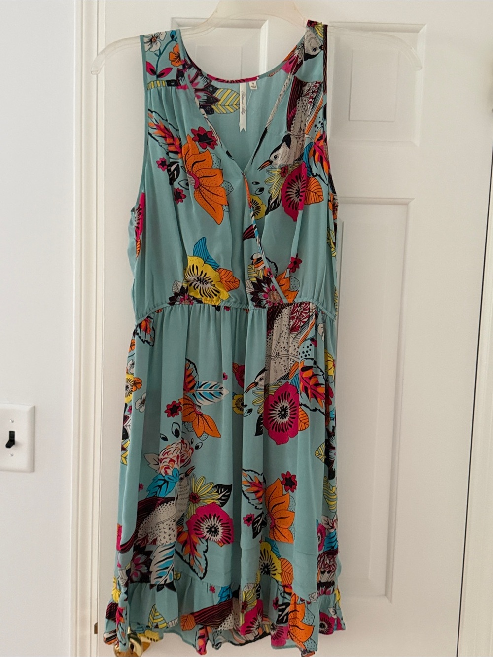 Aqua Floral Print Sleeveless Midi Dress 100% Silk
